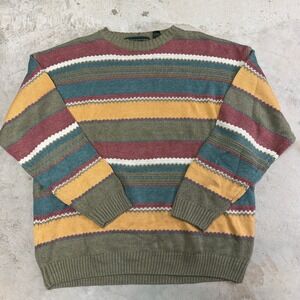 JJ Farmer Striped Knit Sweater Mens L Green Burgundy Yellow Blue Cotton VTG